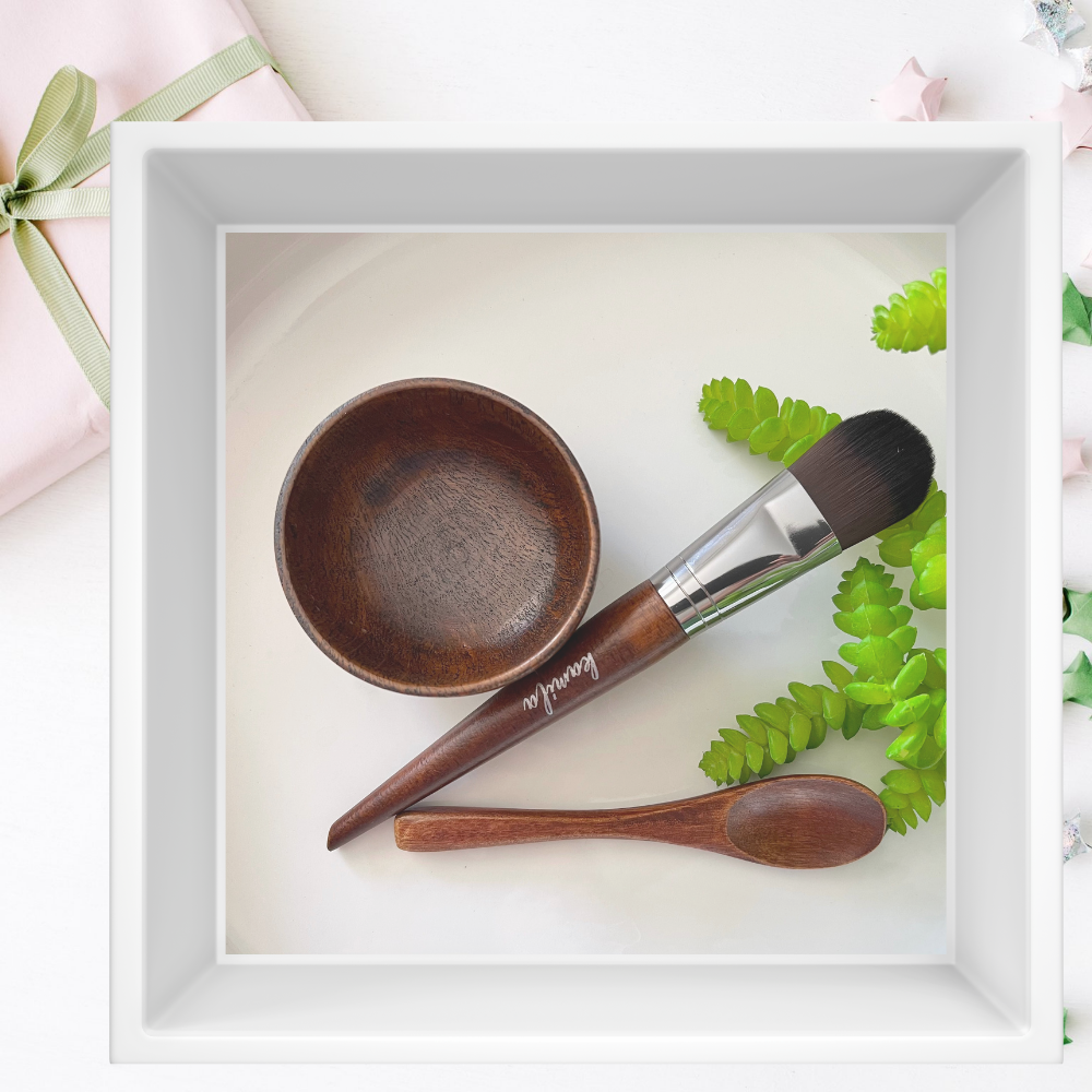 Gift set wooden mask bowl brush & spoon